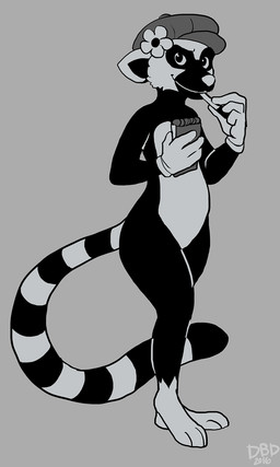 ambiguous_gender anthro clothing flat_cap hat headgear headwear looking_at_viewer notebook slightly_chubby slightly_chubby_ambiguous slightly_chubby_anthro solo dizzy_by_design lemur mammal primate ring-tailed_lemur strepsirrhine 3:5 greyscale monochrome