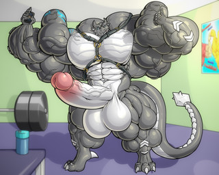 abs anthro balls biceps big_balls big_muscles big_pecs big_penis digitigrade dominant dominant_male electronics erection flexing flexing_bicep flexing_both_biceps front_view genitals gesture glans grey_body grin gym hand_gesture harness harness_only huge_balls huge_muscles huge_pecs huge_penis huge_thighs humanoid_genitalia humanoid_penis hyper hyper_balls hyper_biceps hyper_genitalia hyper_muscles hyper_pecs hyper_penis hyper_thighs male muscular muscular_male non-mammal_balls pecs penis phone quads smile solo standing tattoo thick_thighs thumbs_up trapezius vein veiny_penis zerozero mythology kardukk_(character) dragon kobold mythological_creature mythological_scalie scalie 2025 5:4 digital_drawing_(artwork) digital_media_(artwork) hi_res