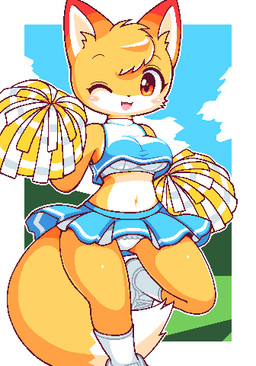 amber_eyes anthro blush border bottomwear bra breasts cheerleader clothed clothing dipstick_ears dipstick_tail ear_markings female footwear fully_clothed fur head_tuft kemono markings midriff multicolored_ears multicolored_tail one_eye_closed outside panties panty_shot pom_poms raised_bottomwear raised_clothing raised_skirt shoes simple_background skirt solo tail tail_markings tuft under_boob underwear white_border wink yellow_body yellow_fur takiune_(pixiv) canid canine fox mammal 2020 aliasing digital_media_(artwork) low_res portrait three-quarter_portrait