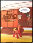 2014 bandanna big_macintosh_(mlp) boxcar braeburned clothing comic cover cover_art cover_page crate cutie_mark dialogue digital_media_(artwork) earth_pony english_text equid equine feral friendship_is_magic group hasbro hi_res horse john_bull_(mlp) kerchief male mammal my_little_pony pony promontory_(mlp) quadruped speech_bubble text train url vehicle
