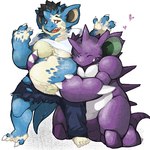 1:1 arm_spikes barefoot big_ears blue_body blue_scales breasts claws duo elbow_spikes embrace feet female feral finger_claws generation_1_pokemon growth hair heart_symbol horn hug hugging_from_behind human low_res male mammal nidoking nidoqueen nintendo non-mammal_breasts open_mouth pokemon pokemon_(species) purple_body purple_scales scale_growth scales sharp_teeth simple_background slightly_chubby snout snout_growth spikes spikes_(anatomy) sulfur_(artist) teeth toe_claws transformation white_background