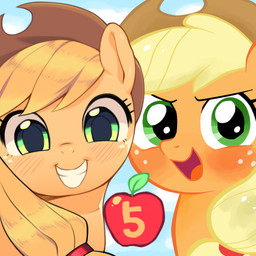 apple blonde_hair clothing comparison cowboy_hat duo female feral food freckles fruit green_eyes hair hat headgear headwear looking_at_viewer plant smile square_crossover aruurara friendship_is_magic hasbro my_little_pony applejack_(mlp) earth_pony equid equine horse mammal pony 1:1 2013
