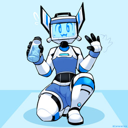 blue_background bottle bottomwear clothing container gesture kneeling machine male midriff not_furry screen screen_face shirt shorts simple_background solo tank_top topwear water_bottle waving baronflint camelot_(baronflint) humanoid robot robot_humanoid 1:1