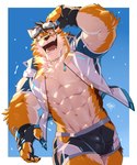 abs anthro bulge clothing countershading detailed_bulge eyewear fingerless_gloves fluffy gloves goggles handwear hip_window looking_at_viewer male muscular muscular_anthro muscular_male navel nipples pecs solo swimwear water wet takemoto_arashi lifewonders live_a_hero barrel_(live_a_hero) canid canine canis mammal wolf absurd_res hi_res