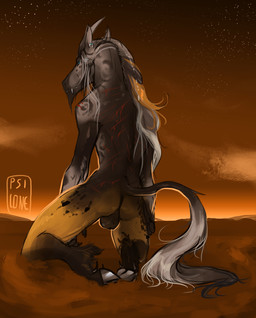 anthro balls blood blue_eyes bodily_fluids brown_body brown_fur cloven_hooves ear_piercing ear_ring facial_hair fangs fur genitals goatee grey_body grey_fur hooves horn kneeling male male_anthro mane nude nude_anthro nude_male outside piercing rear_view ring_piercing solo tan_body tan_fur teeth i-psilone nyxie 2017