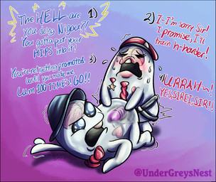 accessory all_fours anal anal_penetration angry beret black_border blush bodily_fluids border bow_tie brain clothing command dialogue dildo doggystyle duo eyes_closed female female_penetrating female_penetrating_male flying_sweatdrops from_behind_position gradient_background hat headgear headwear heart_symbol lips machine male male/female male_penetrated medal mitten_hands monotone_body motion_lines necktie nervous object_in_ass one_tooth open_mouth organs pegging penetration purple_dildo sex sex_toy sex_toy_in_ass sex_toy_insertion simple_background standing strapon strapon_in_ass struggling sweat sweatdrop text toying_partner training translucent translucent_body upset white_body x-ray_view undergreysnest the_hundred_line:_last_defense_academy nigou_(thllda) sirei robot 2025 colored dated english_text shaded signature watermark