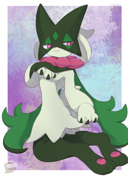 3_fingers 3_toes anthro breast_curtains breasts claws featureless_breasts feet female finger_claws fingers flower_(anatomy) fur green_body green_fur green_tail jagged_mouth mask pawpads paws pink_eyes pink_nose solo tail toes mochiri nintendo pokemon generation_9_pokemon meowscarada pokemon_(species) 2026 absurd_res hi_res