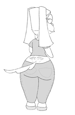 anthro bottomwear butt clothed clothing female fur long_ears looking_at_viewer presenting presenting_hindquarters rear_view shirt simple_background smile solo t-shirt tail tattoo topwear tramp_stamp white_body rumcoat brandy_and_mr._whiskers disney brandy_harrington canid canine canis domestic_dog mammal digital_media_(artwork) monochrome
