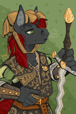 anthro armor belt belt_buckle buckle clothing ears_up fur gloves green_eyes grey_body grey_fur hair handwear hat headgear headwear long_hair looking_forward male melee_weapon red_hair solo sword weapon wearing_hat mawkvlt equid equine horse mammal 2:3 hi_res