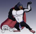 abs anthro athletic beak belt biceps big_muscles biped black_body cape clothing feathers flexing male muscular muscular_anthro muscular_male pecs solo standing teeth white_body jakkarrott don_bluth the_pebble_and_the_penguin drake_(the_pebble_and_the_penguin) avian bird penguin 2014 source_request