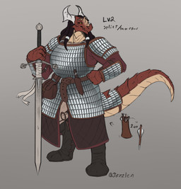 anthro armor big_breasts black_hair breasts clothed clothing dreadlocks female female_anthro front_view grey_background hair holding_melee_weapon holding_object holding_sword holding_weapon horn huge_breasts looking_aside melee_weapon mouth_closed non-mammal_breasts red_body red_eyes red_tail simple_background solo standing sword tail tan_body tan_tail weapon white_horn yellow_eyes zweihander jezzlen mythology dragon mythological_creature mythological_scalie scalie full-length_portrait hi_res portrait signature