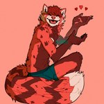 anthro blue_bottomwear blue_clothing bottomwear clothed clothing crouching eyes_closed fangs fur gloves_(marking) hair heart_symbol male markings open_mouth open_smile red_background red_body red_fur red_hair red_nose red_tongue short_hair simple_background smile solo spots spotted_arms spotted_markings spotted_tail striped_markings striped_tail stripes tail tail_markings teeth text tongue topless 0ct0m0n0 ailurid mammal red_panda 1:1 artist_name hi_res