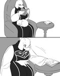 ambiguous_gender anthro armchair big_breasts book breasts chair claws curled_up duo eyelashes eyes_closed eyewear female feral fur furniture glasses horn on_lap open_mouth reading reading_book sleeping surprised_expression surprised_face tail white_body white_fur o245162 undertale_(series) annoying_dog_(undertale) toriel boss_monster_(undertale) bovid canid canine canis caprine domestic_dog mammal 2024 comic hi_res monochrome