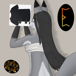 angry anthro bandage black_body black_fur black_hair black_nose clothed clothing female fur grey_body grey_fur hair letter looking_at_viewer magic_user partially_clothed purple_eyes rear_view simple_background solo tail thaumaturgy undressing undressing_self miles_rosebh miles_amanda_rose_(miles_rosebh) canid canine fox mammal 1:1 2025 digital_media_(artwork) watermark