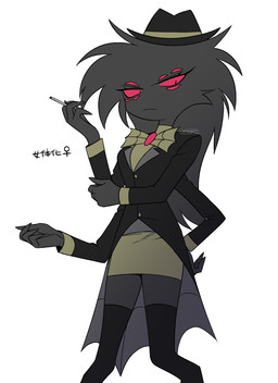 4_arms cigarette clothed clothing crossgender female hat headgear headwear holding_cigarette holding_object mtf_crossgender multi_arm multi_eye multi_limb simple_background solo text white_background enaic31 hazbin_hotel hellaverse arackniss_(hazbin_hotel) arachnid arthropod demon humanoid spider absurd_res hi_res japanese_text