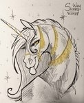 ambiguous_gender eyebrows eyelashes feral gold_(metal) gold_jewelry halter horn jewelry looking_at_viewer mane orange_eyes smile smirk solo tongue tongue_out sunny_way mythology alisian equid equine mammal mythological_creature mythological_equine unicorn 2025 hi_res portrait signature sketch traditional_media_(artwork) female_(lore)