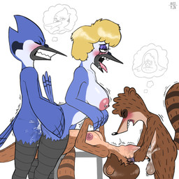 anthro big_breasts bisexual blonde_hair blue_body blush bodily_fluids breasts brown_body clenched_teeth cum cum_in_mouth cum_inside drooling eyes_closed female female/female foursome from_behind_position genital_fluids group group_sex hair lying makeup male male/female mascara motion_lines neck_bulge nipple_piercing nipples nude on_back open_mouth piercing rough_sex running_makeup running_mascara saliva sex simple_background size_difference teeth thick_thighs thought_bubble avioylin cartoon_network regular_show barbera_(regular_show) hilary_(regular_show) margaret_smith_(regular_show) mordecai_(regular_show) rigby_(regular_show) skips_(regular_show) avian bird blue_jay corvid jay_(bird) mammal new_world_jay oscine passerine procyonid raccoon 1:1 incest_(lore) mother_(lore) mother_and_child_(lore) mother_and_son_(lore) parent_(lore) parent_and_child_(lore) parent_and_son_(lore) son_(lore)