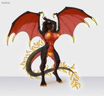 anthro areola big_breasts black_body breasts claws dragon_wings female genitals hands_behind_head navel nipples nude pussy red_body simple_background solo standing tail wings yellow_areola yellow_claws yellow_eyes yellow_nipples yellow_pussy deodrac mythology dragon mythological_creature mythological_scalie scalie