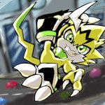 anthro claws green_eyes grin male smile solo spikes toe_claws yellow_body re07722035 bandai_namco digimon digimon_(species) pulsemon 1:1 hi_res