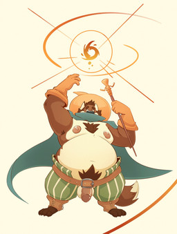anthro armpit_hair balls belly big_belly blue_cape blue_clothing body_hair bottomwear brown_body brown_fur brown_hair brown_pubes brown_tail cape clothed clothing dipstick_tail front_view fur genitals gloves green_bottomwear green_clothing green_pants hair handwear hat headgear headwear holding_object holding_staff humanoid_genitalia humanoid_penis looking_up magic_user male male_anthro markings moobs navel nipples obese obese_anthro obese_male orange_clothing orange_gloves orange_handwear orange_hat orange_headwear overweight overweight_anthro overweight_male pants penis pubes short_hair simple_background solo staff standing tail tail_markings white_background white_balls white_body white_fur white_tail chocolateandmilk canid canine mammal full-length_portrait hi_res portrait