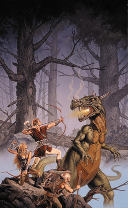 ambiguous_gender angry armor arrow_(weapon) bag belt blonde_hair boots bow_(weapon) breath_powers clothing crouching detailed_background ear_piercing ear_ring elderly_male elemental_manipulation female feral fire fire_breathing fire_manipulation fog footwear forest group hair holding_bow_(weapon) holding_object holding_ranged_weapon holding_staff holding_weapon horn male outside piercing plant quiver_(object) ranged_weapon ring_piercing sharp_teeth shirt shoes size_difference smoke smoke_from_nose staff standing tail teeth topwear tree tunic unconvincing_armor weapon white_hair clyde_caldwell mythology dragon human mammal mythological_creature mythological_scalie scalie 1995 book_cover cover hi_res traditional_media_(artwork)