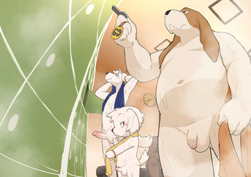 anthro ball_size_difference balls belly black_eyes blue_eyes blush bodily_fluids brown_body brown_fur caught_in_the_act circumcised circumcision_scar cleavage_cutout clock cutout embarrassed erection flaccid foreskin fur genital_scar genitals group half-closed_eyes happy holding_object holding_towel humanoid_genitalia humanoid_penis inside locker_room looking_at_another male narrowed_eyes navel overweight overweight_male penis realistic_penis_size retracted_foreskin scar serious sitting small_balls small_penis steam sweat tail towel towel_on_shoulder unretracted_foreskin wet wet_body white_body white_fur young young_anthro young_male manmosu_marimo third-party_edit chubby_basset_(marimo) basset_hound canid canine canis domestic_dog hunting_dog mammal scent_hound 2024 censor_removal_edit