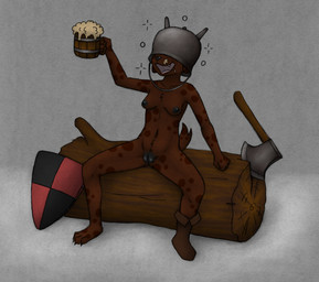 anthro axe black_nose black_spots boots breasts claws clothing container cup dark_body drunk female footwear genitals holding_container holding_cup holding_mug holding_object log markings melee_weapon mostly_nude mug navel nipples nude open_mouth shield shoes simple_background sitting smile solo spots spotted_body substance_intoxication teeth thin_calves thin_legs thin_thighs toe_claws tongue vulva weapon wood animew coco_chockshund_(animew) canid canine canis domestic_dog mammal hi_res