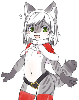 anthro bodily_fluids capelet claws clothed clothing costume female flying_sweatdrops fur green_eyes grey_body grey_fur hair holidays kemono looking_at_viewer navel open_mouth open_smile pasties pink_tongue red_nose santa_costume skimpy smile solo standing striped_body stripes sweat sweatdrop thong tongue tuft underwear white_hair young young_anthro canopus335 christmas domestic_cat felid feline felis mammal tabby_cat hi_res