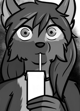 anthro beverage clothed clothing drinking drinking_straw eyelashes female fingers fur hair holding_beverage holding_object juice_box long_hair looking_at_viewer neckwear solo topless topless_anthro topless_female unknown_artist canid canine canis mammal wolf bust_portrait digital_drawing_(artwork) digital_media_(artwork) monochrome portrait