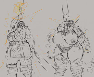 anthro belly big_belly big_breasts breasts clothed clothing embarrassing_nudity female female_anthro front_view holding_melee_weapon holding_object holding_sword holding_weapon huge_breasts melee_weapon mouth_closed navel nipples open_mouth overweight overweight_anthro overweight_female simple_background solo standing sword torn_clothing weapon wide_hips jezzlen mollie_(jezzlen) canid canine canis domestic_dog mammal hi_res sketch