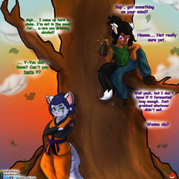 anthro bandage bandaged_tail black_hair black_nose blue_bottomwear blue_clothing blue_hair blue_pants bottle bottomwear branch brown_body brown_skin clothing cloud container dipstick_tail dreadlocks duo eyebrows female fur green_clothing green_eyes green_shirt green_topwear grey_body grey_fur hair leaning_on_object leaning_on_tree logo logo_on_clothing male markings martial_arts_uniform multicolored_body multicolored_fur offering_beverage pants pink_nose plant pupils purple_eyes shirt sitting sitting_on_branch sitting_on_tree slit_pupils sportswear sunset tail tail_markings text thick_eyebrows tied_hair topwear tree white_tail_tip sinisterslyfox lilith_ashbluff lucas_vulperosa animal_humanoid canid canid_humanoid canine canine_humanoid felid fox_humanoid humanoid hybrid mammal mammal_humanoid pantherine snow_leopard 1:1 absurd_res english_description english_text hi_res shaded soft_shading