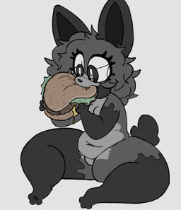 ambiguous_gender anthro burger eating food food_in_mouth hair messy_hair overweight slime solo dawrklawst dawrk canid canine canis goo_creature jackal mammal absurd_res hi_res