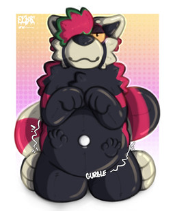 abdominal_bulge air_valve_navel anthro belly black_body black_nose border chest_tuft dotted_background gradient_background green_hair_tips gurgle_(sound_effect) hair hair_over_eye hand_imprint humanoid_hands imprint inflatable kneeling kneeling_on_ground looking_at_viewer male onomatopoeia oral_vore pattern_background pink_background pool_toy red_body rumbling_stomach simple_background smile smiling_at_viewer smirk smirking_at_viewer solo sound_effects tail tan_body text tuft vore white_border yellow_background eliaslynxie jamie_(jamievalentine) ailurid animate_inanimate hybrid living_inflatable mammal red_panda 2026 5:6 absurd_res digital_drawing_(artwork) digital_media_(artwork) english_description hi_res