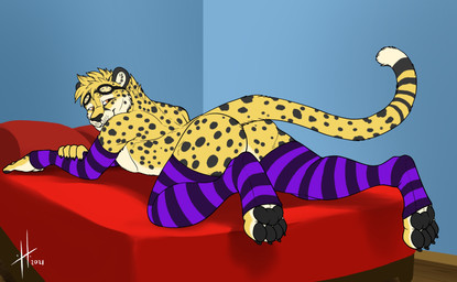 anthro armwear bed black_claws black_pawpads blonde_hair butt claws clothed clothing crossdressing eyewear eyewear_on_head facial_spots fingerpads fur furniture glistening glistening_eyes goggles goggles_on_head hair inside legwear looking_at_viewer male male_anthro markings messy_hair on_bed orange_eyes pattern_armwear pattern_clothing pattern_legwear pawpads purple_armwear purple_clothing purple_legwear short_hair slim_anthro slim_male solo spots spotted_back spotted_body spotted_face spotted_fur spotted_markings spotted_tail striped_armwear striped_clothing striped_legwear stripes tail tail_markings toe_claws white_body white_fur yellow_body yellow_fur hufnaar cheetah felid feline mammal 2021 absurd_res dated hi_res
