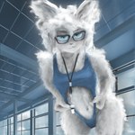 anthro clothing clothing_pull coach coy eyewear female fur glasses looking_at_viewer navel one-piece_swimsuit solo swimwear white_body white_fur lambbda lagomorph mammal hi_res