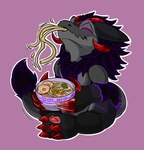 3_toes anthro black_hair bowl chibi claws container eating eyes_closed feet food grey_body hair holding_bowl holding_container holding_object long_tail male noodles pink_background ramen ramen_bowl ramen_noodles red_claws simple_background slurping snout solo tail toe_claws toes shinfox wickerbeast 2023 hi_res