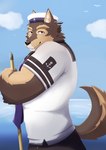 anthro broom cleaning_tool countershading fur male multicolored_body multicolored_fur muscular muscular_anthro muscular_male sailor_hat sailor_uniform solo sweeping inugami1837 lifewonders live_a_hero pubraseer canid canine canis domestic_dog mammal hi_res