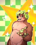 accessory anthro bear bear_ears belly big_belly body_hair bracelet brown_body brown_fur claws cosmi_(cosmi_the_pup) curls eye_scar facial_scar fur green_background green_eyes green_hair green_pawpads green_tongue hair hi_res jewelry looking_at_viewer male mammal multicolored_body multicolored_fur multicolored_hair pawpads scar simple_background smile solo sparkles tongue were wereursid white_body white_fur zhadinax