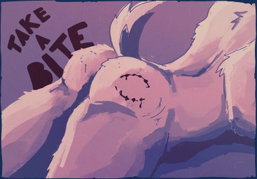anthro bite bite_mark bite_mark_on_butt blood bodily_fluids butt butt_bite butt_focus fur lying male nude nude_male on_front raised_tail rear_view solo tail text pink_tiger_zak canid canine mammal english_text hi_res sketch