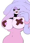 areola areola_slip big_breasts black_sclera blush breasts female flashing flashing_breasts huge_breasts looking_at_viewer nipple_tape not_furry pasties sharp_teeth solo tape teeth fufucatu nintendo pokemon generation_8_pokemon hatterene humanoid pokemon_(species)