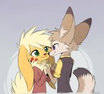 black_nose eye_contact fur green_eyes hair hand_holding looking_at_another purple_eyes smile aseethe canid canine fennec_fox fox mammal true_fox 2021 digital_media_(artwork) hi_res