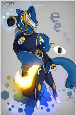 ambiguous_gender anthro blue_body duo fire hexagon humor machine male mascot standing plecopsar e621 jojo's_bizarre_adventure the_cheese_grater_image esix hexerade domestic_cat felid feline felis mammal robot absurd_res hi_res meme shaded