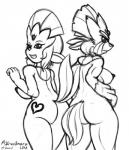 anthro anthrofied breasts butt duo female grin hand_on_hip looking_at_viewer looking_back muscular nipples pokemorph raised_tail side_boob simple_background smile tail tattoo white_background marukomuru nintendo pokemon elgiza fan_character melissa_(aj_the_flygon) generation_4_pokemon pokemon_(species) weavile 2016 sketch