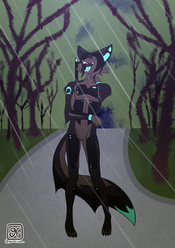 anthro blue_body blue_fur blue_markings blue_tongue brown_body brown_fur brown_hair brown_tail claws cybernetics detailed_background eyes_closed fangs fur grass green_body green_fur green_tail grey_body grey_fur grey_tail hair hand_behind_head machine markings multicolored_body multicolored_fur open_mouth paws plant raining road solo standing tail tail_markings teeth tongue tree gamesfan canid canine cyborg fox mammal absurd_res hi_res signature