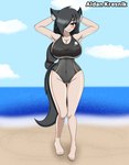 2021 aidan_kresnik animal_humanoid barefoot beach big_breasts black_hair blush breasts canid canid_humanoid canine canine_humanoid cleavage clothed clothing curvy_figure feet female green_eyes hair hair_over_eye hands_behind_head hi_res huge_breasts humanoid inner_ear_fluff long_hair mammal mammal_humanoid one-piece_swimsuit one_eye_obstructed ponytail sand seashore seaside signature smile smiling_at_viewer solo swimwear thick_thighs thigh_gap tuft voluptuous wide_hips wolf_ears wolf_humanoid wolf_tail