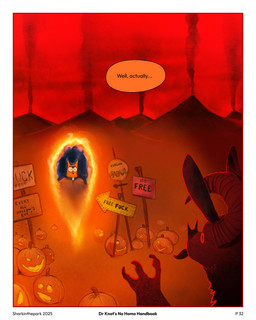 3_fingers ambiguous_gender anthro big_ears big_eyes border claws dialogue duo fingers food fruit horn male mountain plant portal priest pumpkin red_eyes red_sky sign sky smoke speech_bubble text tongue volcano white_border sharkinthepark avian bat bird demon mammal owl 2025 4:5 absurd_res english_text hi_res