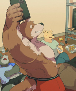 anthro brown_body brown_fur bulge butt clothing detailed_background drunk electronics eyes_closed fur group humanoid_hands kemono male muscular muscular_male phone shirt sitting substance_intoxication topwear underwear arufina_w canid canine canis domestic_dog mammal 2021 hi_res