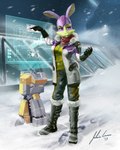 anthro boots clothing female footwear outside purple_eyes shoes snow snowing solo jecbrush nintendo star_fox lucy_hare hare lagomorph leporid mammal absurd_res hi_res