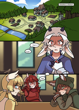 animal_ears armor blonde_hair blue_eyes brown_hair clawed_hands clothed clothing dialogue female green_eyes group hair horn male pointy_ears red_eyes red_hair scenery simple_background text town white_hair shriekingmagpie humanoid comic english_text hi_res