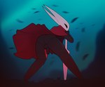 anthro arthropod black_body clothed clothing eggnog_(artist) genitals hollow_knight horn hornet_(hollow_knight) insect looking_back male partially_clothed penis rear_view red_clothing solo team_cherry weapon wind